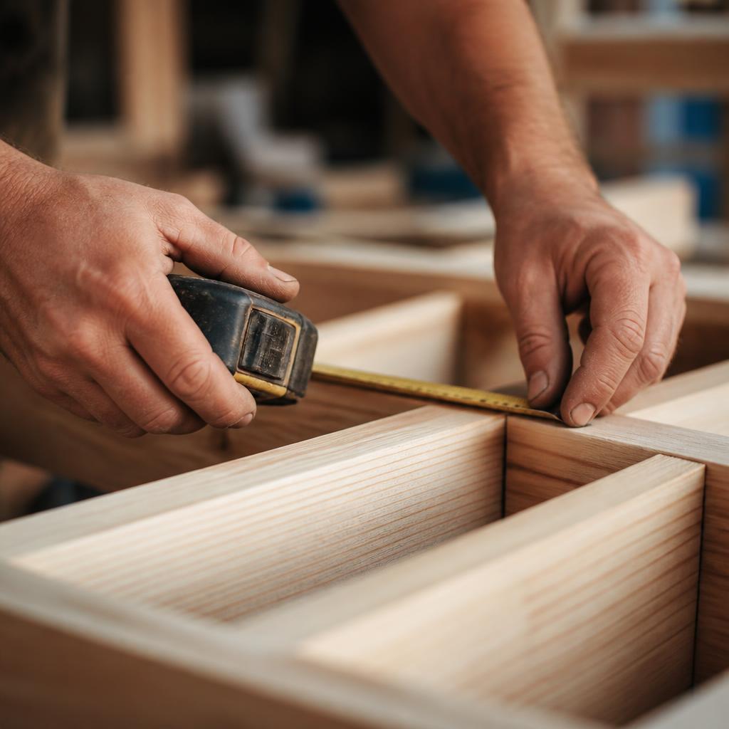 Carpenter measuring custom wood cabinetry
